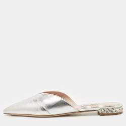 Miu Miu Metallic Silver Leather Crystal Embellished Mules Size 39