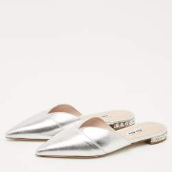 Miu Miu Metallic Silver Leather Crystal Embellished Mules Size 39