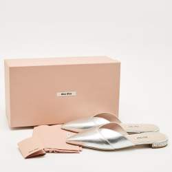 Miu Miu Metallic Silver Leather Crystal Embellished Mules Size 39