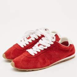 Pre Owned Miu Miu Red Leather and Suede Plume Lace Up Sneakers Size 39