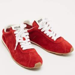 Pre Owned Miu Miu Red Leather and Suede Plume Lace Up Sneakers Size 39