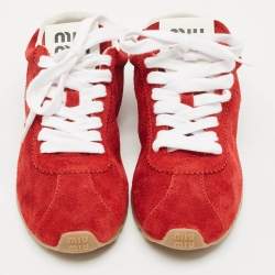 Pre Owned Miu Miu Red Leather and Suede Plume Lace Up Sneakers Size 39