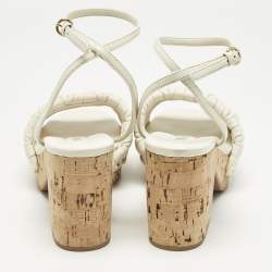 Pre Owned Miu Miu White Leather Ankle Strap Cork Sandals Size 36.5