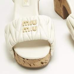 Pre Owned Miu Miu White Leather Ankle Strap Cork Sandals Size 36.5
