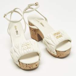 Pre Owned Miu Miu White Leather Ankle Strap Cork Sandals Size 36.5