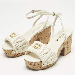 Pre Owned Miu Miu White Leather Ankle Strap Cork Sandals Size 36.5