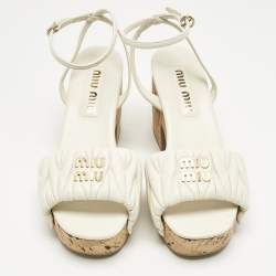 Pre Owned Miu Miu White Leather Ankle Strap Cork Sandals Size 36.5