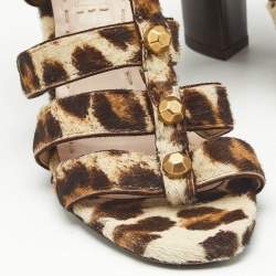 Pre Owned Miu Miu Brown/Beige Calf Hair Studded Strappy Sandals Size 35.5