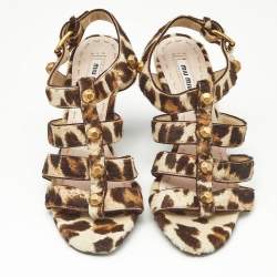 Pre Owned Miu Miu Brown/Beige Calf Hair Studded Strappy Sandals Size 35.5