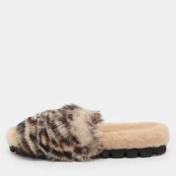 Pre Owned Miu Miu Beige Animal Print Faux Fur Slide Sandals Size 38.5