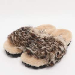 Pre Owned Miu Miu Beige Animal Print Faux Fur Slide Sandals Size 38.5