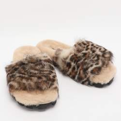 Pre Owned Miu Miu Beige Animal Print Faux Fur Slide Sandals Size 38.5