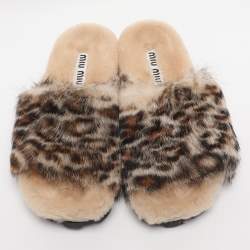 Pre Owned Miu Miu Beige Animal Print Faux Fur Slide Sandals Size 38.5