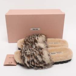 Pre Owned Miu Miu Beige Animal Print Faux Fur Slide Sandals Size 38.5