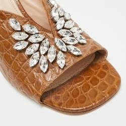 مملوكة مسبقًا Miu Miu Size 40 Brown Crocodile Leather Crystal Embellished Slide Sandals