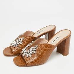 مملوكة مسبقًا Miu Miu Size 40 Brown Crocodile Leather Crystal Embellished Slide Sandals