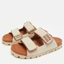 Pre Owned صندل سلايد ميوميو مسطح بتأثير الرافيا المنسوج بيج مقاس 37