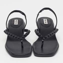 Pre Owned Miu Miu Size 38 Black Leather Studds Thong Slingback Sandals