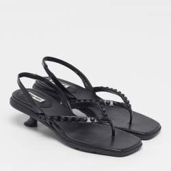Pre Owned Miu Miu Size 38 Black Leather Studds Thong Slingback Sandals