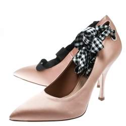 Pre Owned Miu Miu Beige Satin Ankle Wrap Pointed Toe Pumps Size 39