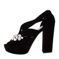 Miu Miu Black Velvet Crystal Embellished Platform Sandals Size 40.5