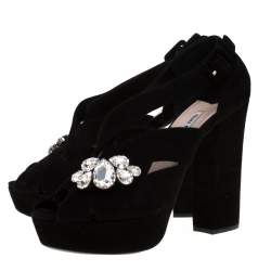 Miu Miu Black Velvet Crystal Embellished Platform Sandals Size 40.5