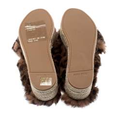 Miu Miu Brown Leopard Print Fur Cross Strap Espadrille Platform Slides Size 37.5 