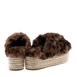 Miu Miu Brown Leopard Print Fur Cross Strap Espadrille Platform Slides Size 37.5 