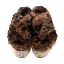 Miu Miu Brown Leopard Print Fur Cross Strap Espadrille Platform Slides Size 37.5 