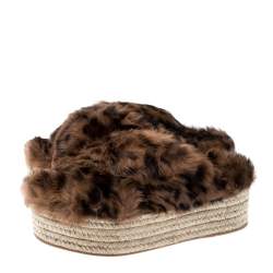 Miu Miu Brown Leopard Print Fur Cross Strap Espadrille Platform Slides Size 37.5 