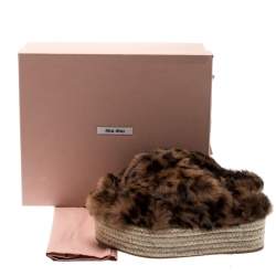 Miu Miu Brown Leopard Print Fur Cross Strap Espadrille Platform Slides Size 37.5 