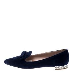 Miu Miu Navy Blue Suede Bow Detail Embellished Loafers Size 40