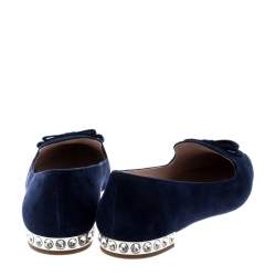 Miu Miu Navy Blue Suede Bow Detail Embellished Loafers Size 40