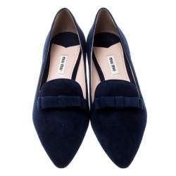 Miu Miu Navy Blue Suede Bow Detail Embellished Loafers Size 40