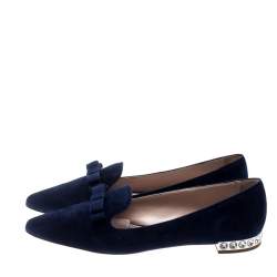 Miu Miu Navy Blue Suede Bow Detail Embellished Loafers Size 40
