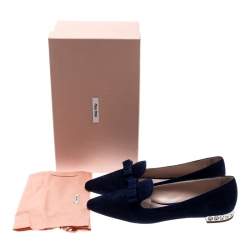 Miu Miu Navy Blue Suede Bow Detail Embellished Loafers Size 40