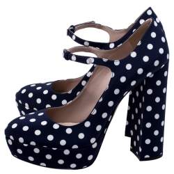 مملوكة مسبقًا حذاء كعب عالي ميو ميو شريط كاحل نعل سميك ماري جين كانفاس منقط أزرق مقاس 39.5