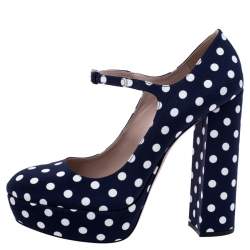 مملوكة مسبقًا حذاء كعب عالي ميو ميو شريط كاحل نعل سميك ماري جين كانفاس منقط أزرق مقاس 39.5