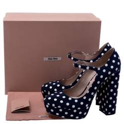 Pre Owned Miu Miu Blue Polka Dot Canvas Mary Jane Platform Ankle Strap Pumps Size 39