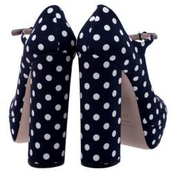 Pre Owned Miu Miu Blue Polka Dot Canvas Mary Jane Platform Ankle Strap Pumps Size 39