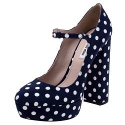 Pre Owned Miu Miu Blue Polka Dot Canvas Mary Jane Platform Ankle Strap Pumps Size 39