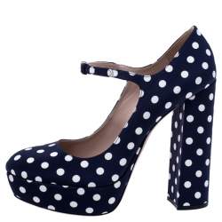 Pre Owned Miu Miu Blue Polka Dot Canvas Mary Jane Platform Ankle Strap Pumps Size 39