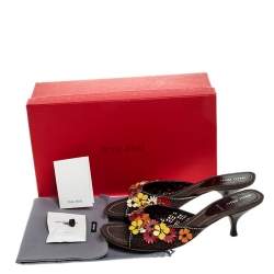 Pre Owned Miu Miu Multicolor Canvas Floral Applique Slide Sandals Size 37.5