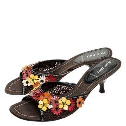 Pre Owned Miu Miu Multicolor Canvas Floral Applique Slide Sandals Size 37.5