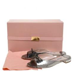 Miu Miu Silver Python Embossed Leather Crystal Embellished Slide Sandals Size 36.5