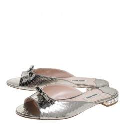 Miu Miu Silver Python Embossed Leather Crystal Embellished Slide Sandals Size 36.5