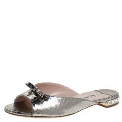 Miu Miu Silver Python Embossed Leather Crystal Embellished Slide Sandals Size 36.5