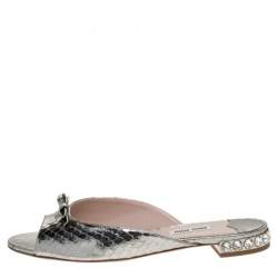 Miu Miu Silver Python Embossed Leather Crystal Embellished Slide Sandals Size 36.5
