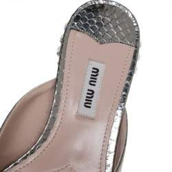Miu Miu Silver Python Embossed Leather Crystal Embellished Slide Sandals Size 36.5