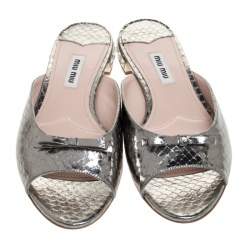 Miu Miu Silver Python Embossed Leather Crystal Embellished Slide Sandals Size 36.5